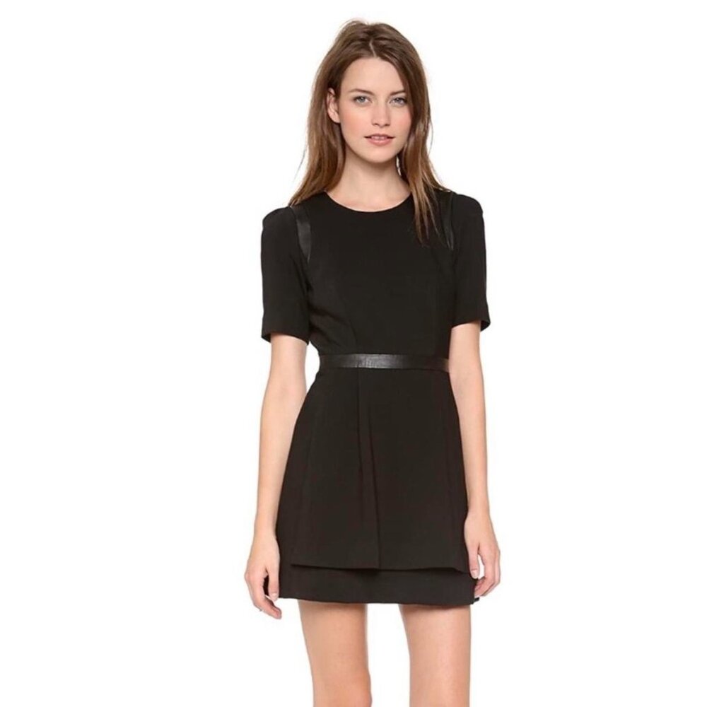 Milly black wool blend dress with leather panel accents Size 4